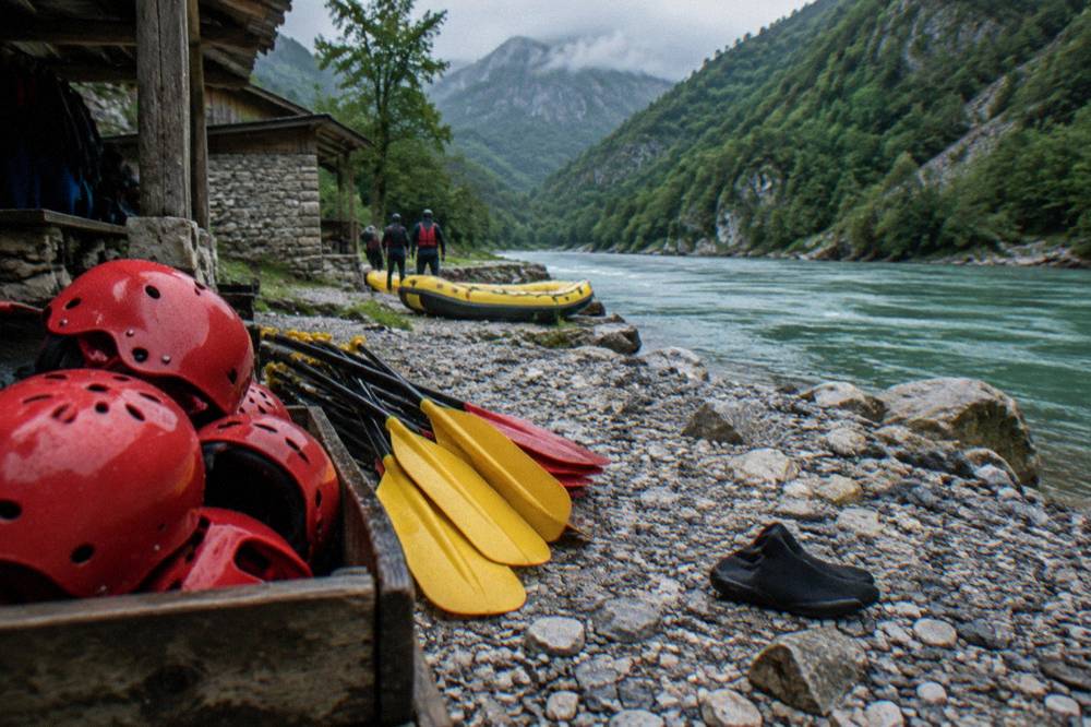 Rafting helmets and paddles laid out on the bank of the green Tara River