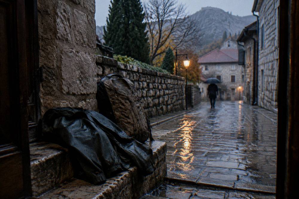 Rain jacket and backpack on a stone step in a narrow old town lane