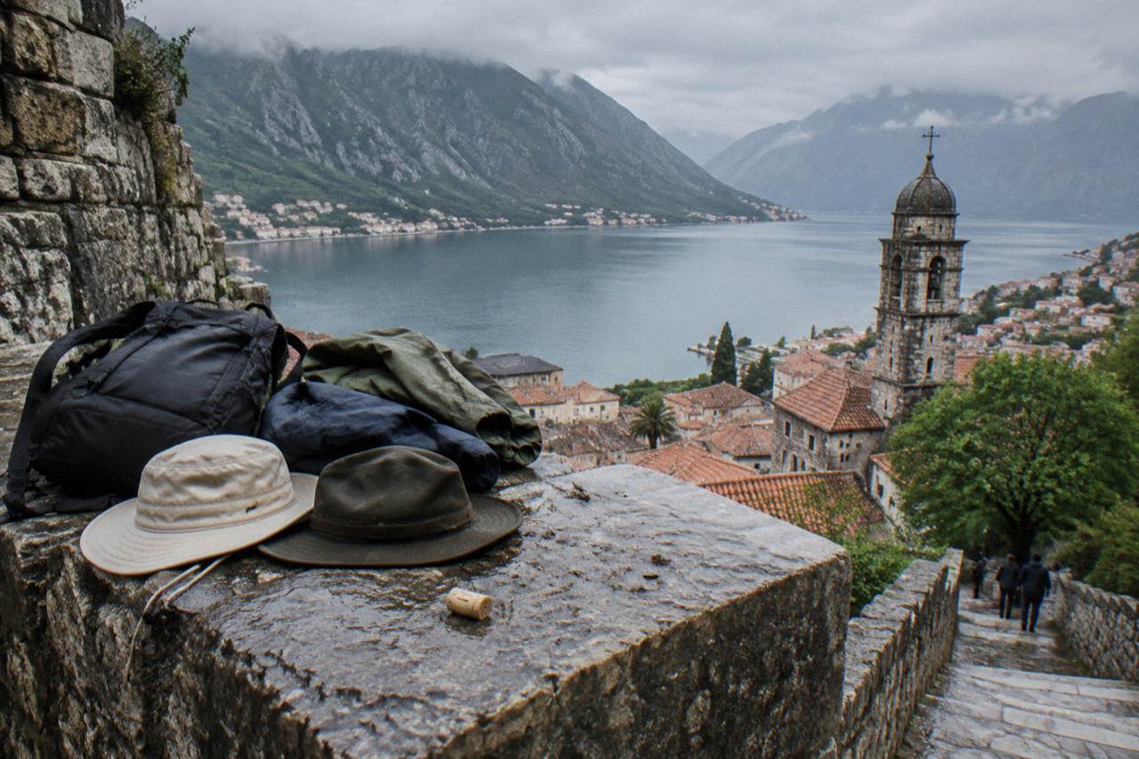 Folded jackets, hats and a small daypack on a stone wall above the Bay of Kotor