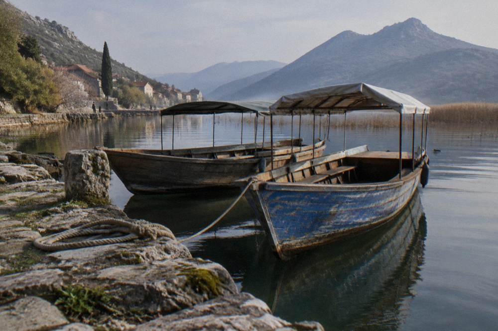 Small boats moored at a stone pier on Lake Skadar with reed beds and hills beyond